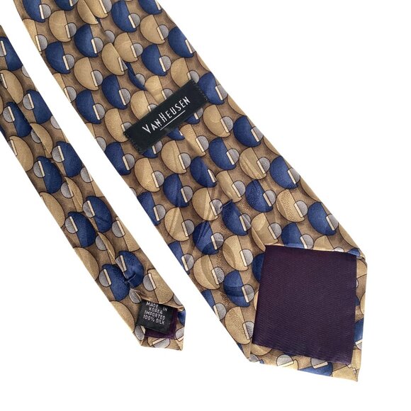 Van Heusen Mens 100% Silk Half-Circle Geometric Pattern Tie Blue Gold 59x3.9in - Picture 3 of 7
